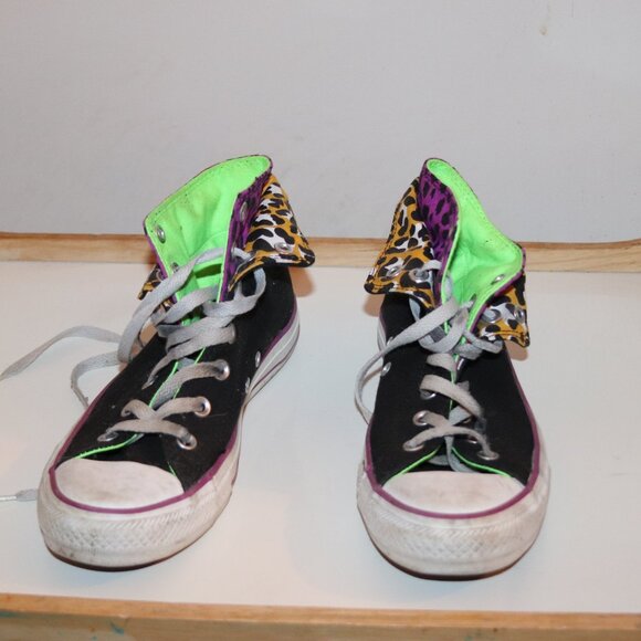 Converse Double Flap Leopard Black Purple Lime Green Women 8 Chuck Taylor Shoe - Picture 3 of 8